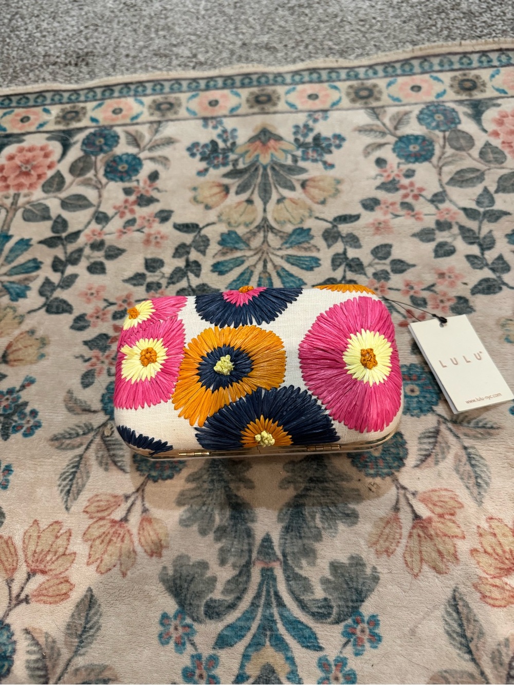 Lulu's White Clutch with Pink, Yellow & Navy Floral Embroidery